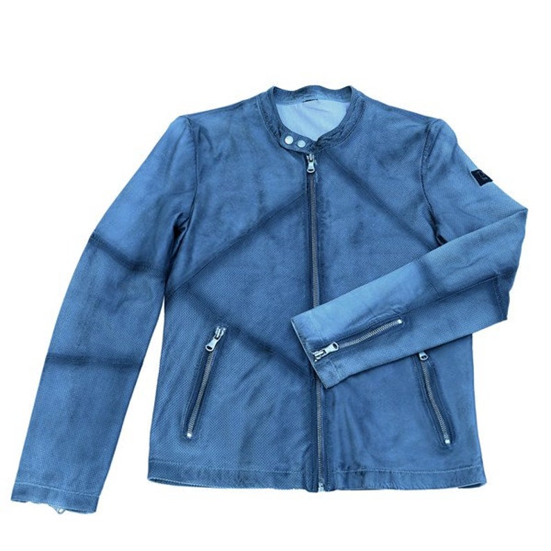 Men Blue Genuine Custom Leather Jacket - Image 3