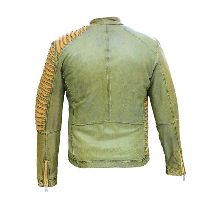 Men’s Green Zipper Leather Jacket Coat - Image 2