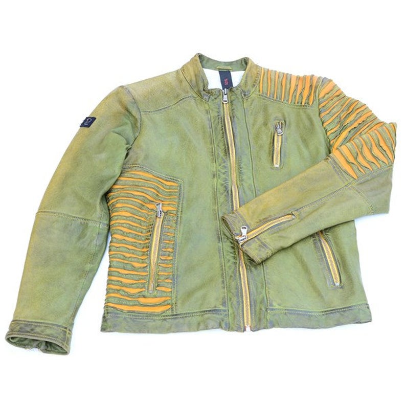 Men’s Green Zipper Leather Jacket Coat - Image 3