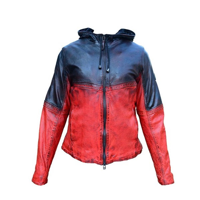 Women's Leather Jacket Hoodie Red & Black Shade Made With 100% Genuine Lamb Skin - Image 2