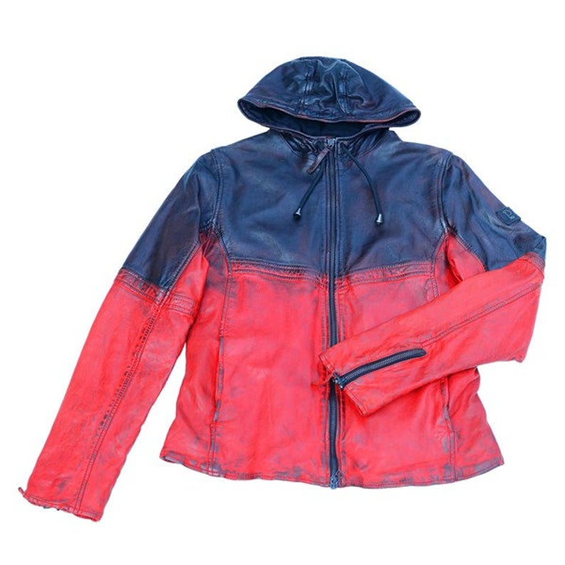 Women's Leather Jacket Hoodie Red & Black Shade Made With 100% Genuine Lamb Skin - Image 3