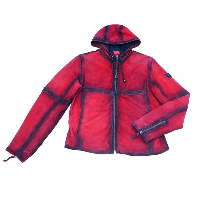 Women's Leather Jacket Red Hoodie Made With 100% Genuine Lamb Skin - Image 3