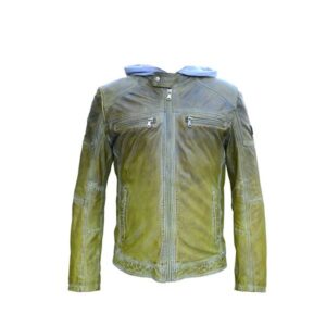 Olive Green Lamb Skin Leather Hoodie Jacket