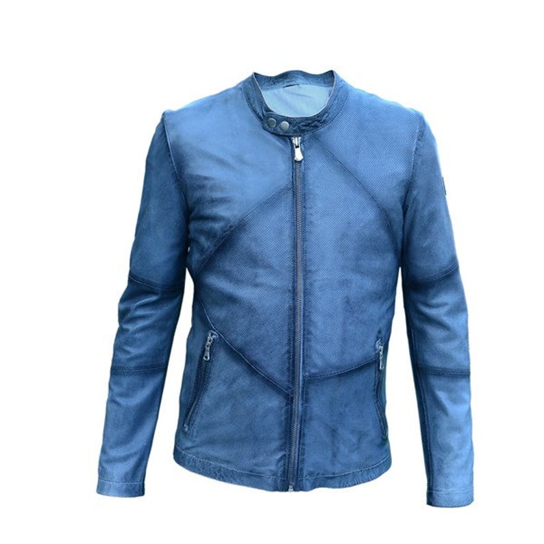 Men Blue Genuine Custom Leather Jacket