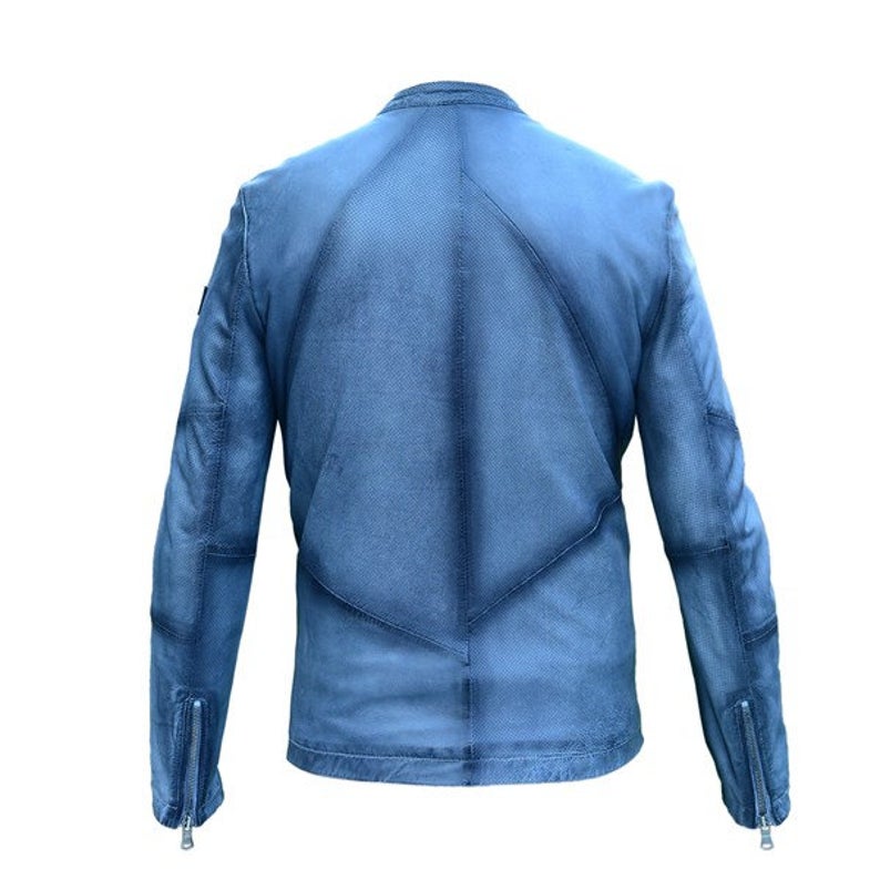Men Blue Genuine Custom Leather Jacket - Image 2