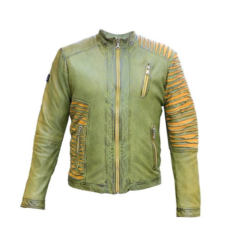 Men’s Green Zipper Leather Jacket Coat