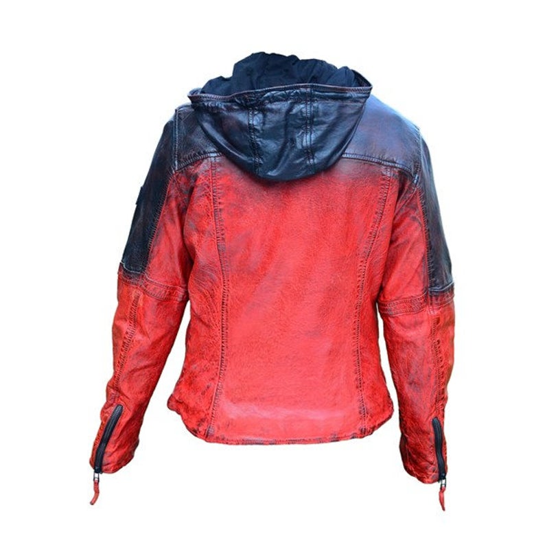 Women's Leather Jacket Hoodie Red & Black Shade Made With 100% Genuine Lamb Skin